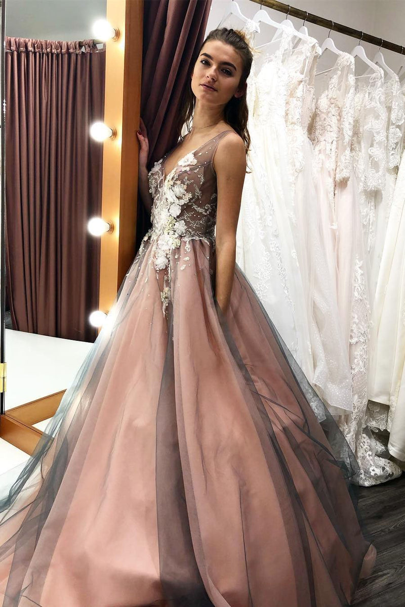 tulle long prom wedding dress with beading floral appliques