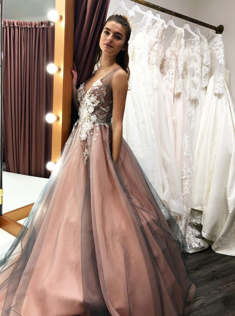 tulle long prom wedding dress with beading floral appliques
