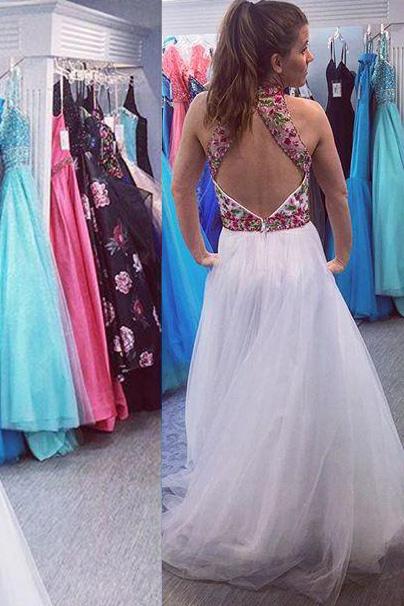 white long prom dress high neck open back with floral applique