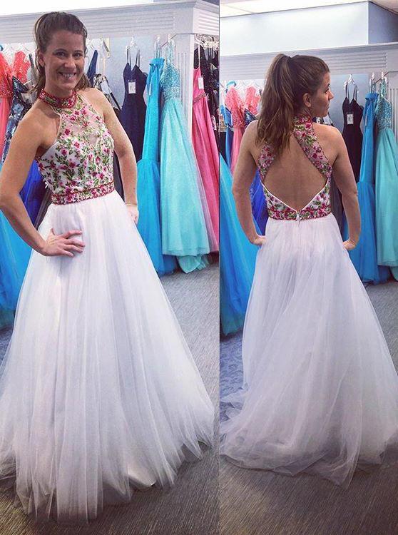 white long prom dress high neck open back with floral applique