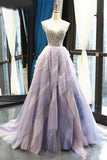 A Line V-neck Tulle Ombre Prom Dresses, Beading Long Evening Dress MG267