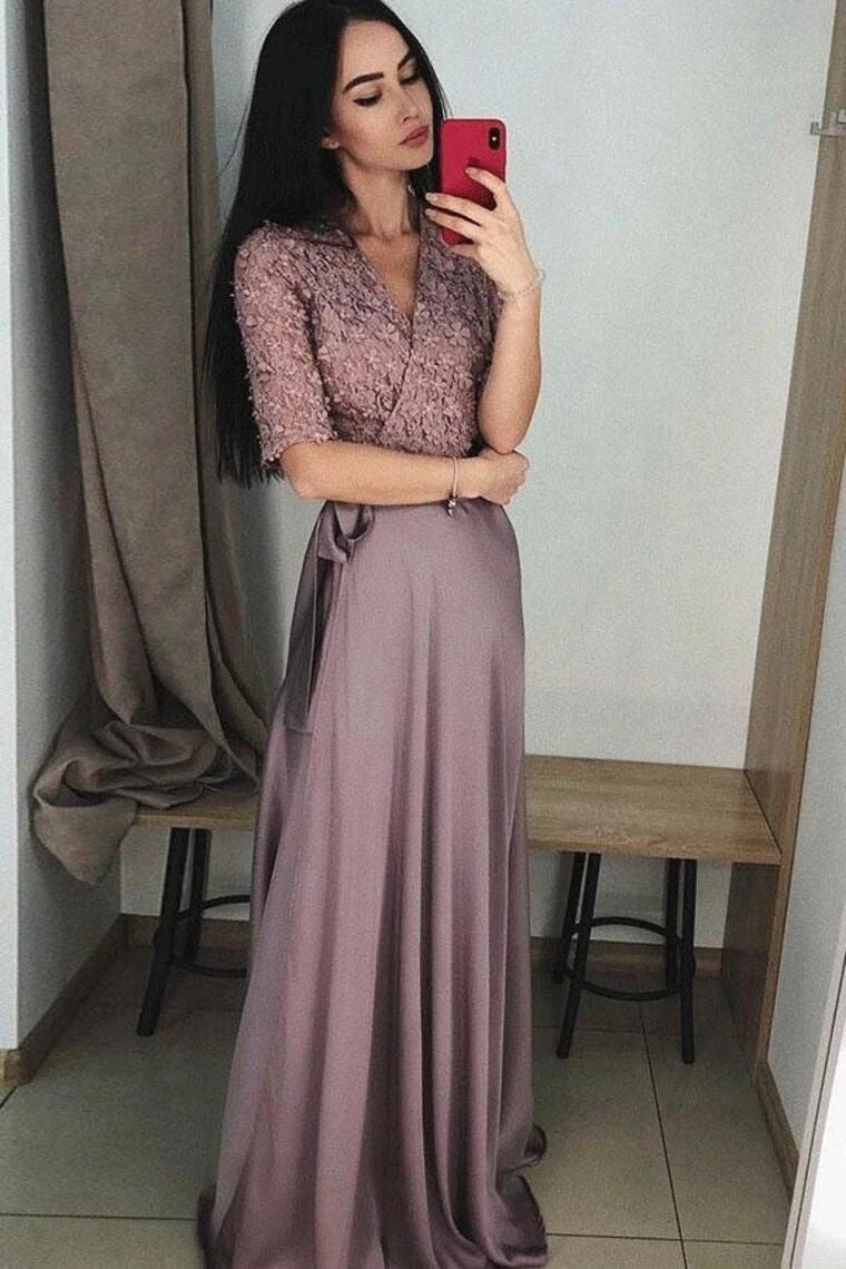1 2 sleeves prom dresses a line v neck lace formal gown