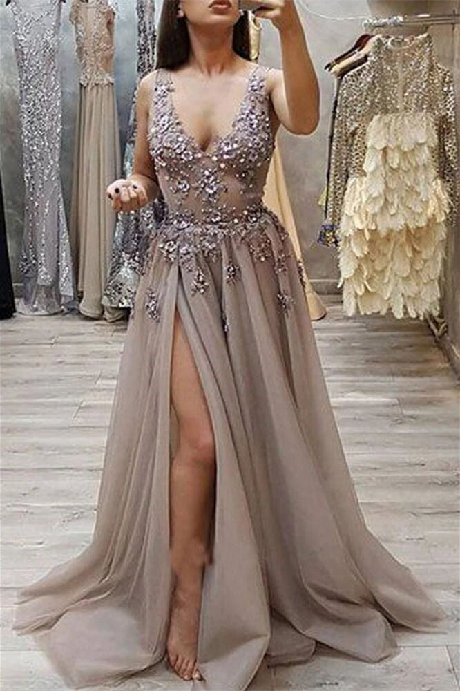 v neck appliques beading long prom dress slit tulle evening gown