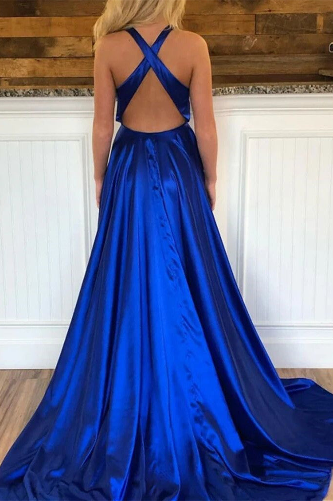 simple v neck royal blue long prom dress criss cross back with slit