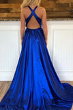 simple v neck royal blue long prom dress criss cross back with slit