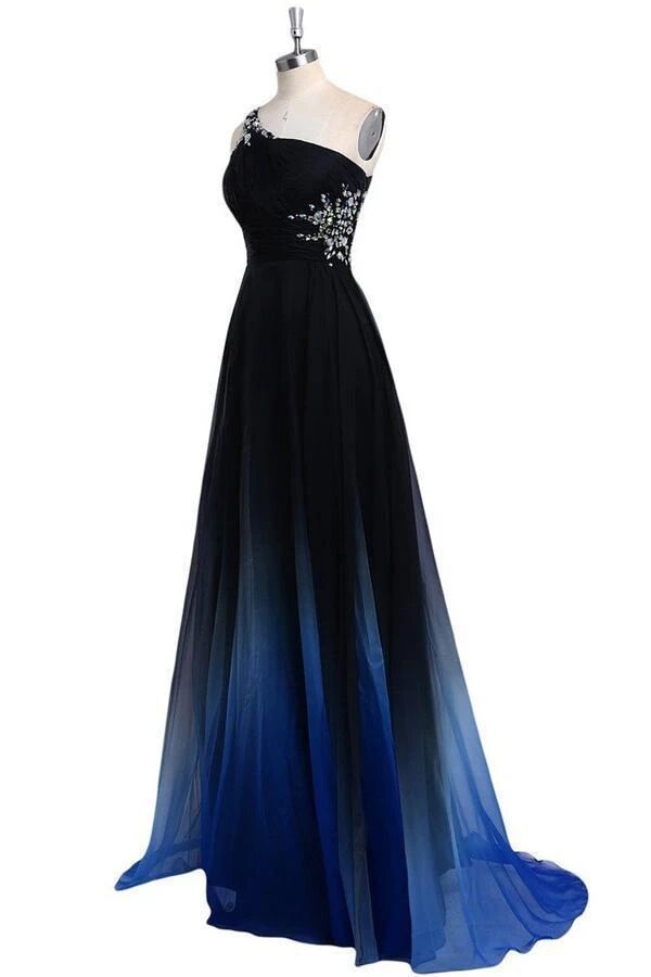 one shoulder ombre long prom dress cut out back beading ombre formal gown