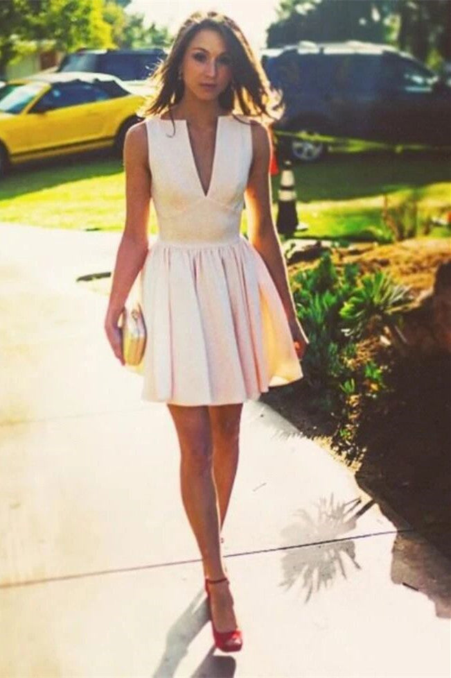 a line plunging neck satin short prom gowns pleated party dress
