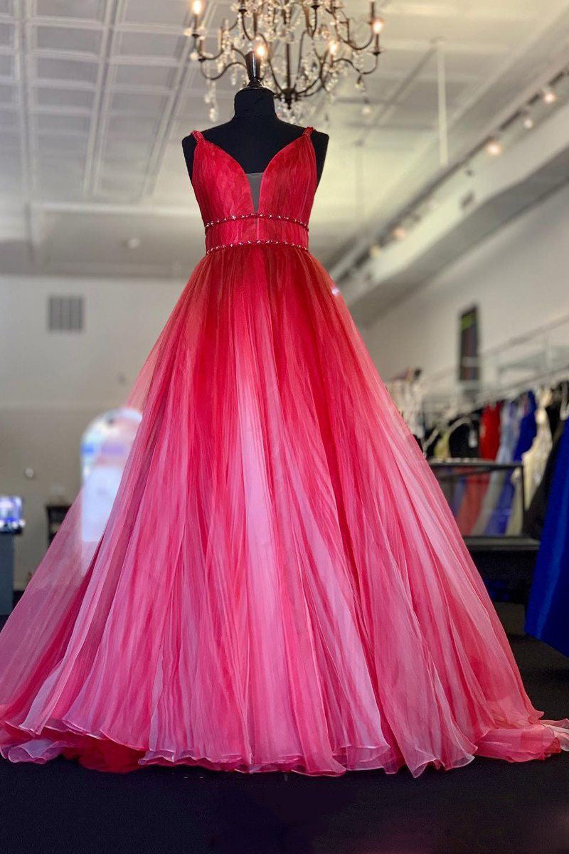 a line v neck red ombre prom dress ombre beading long formal dress