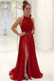 delicate halter chiffon red prom dress appliques formal gown with split