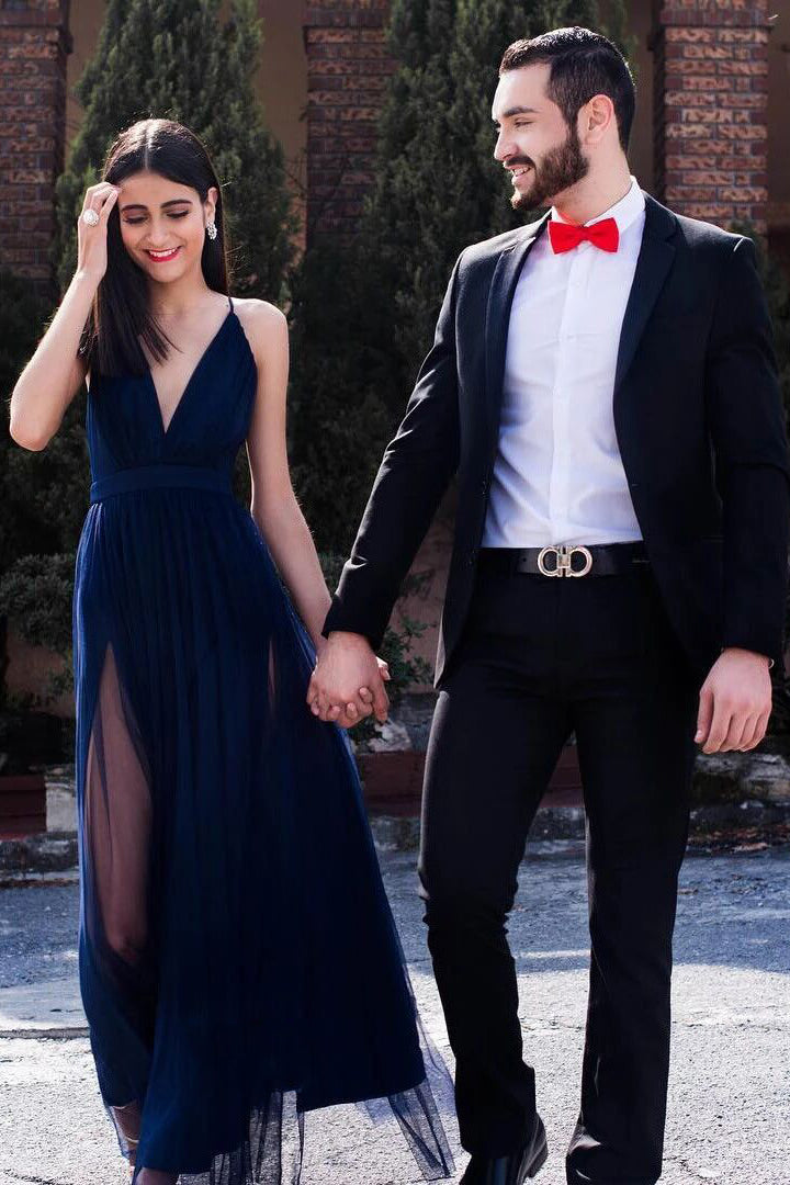 spaghetti straps dark blue tulle long prom dress deep v neck with split