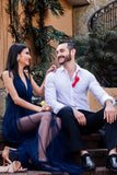 spaghetti straps dark blue tulle long prom dress deep v neck with split