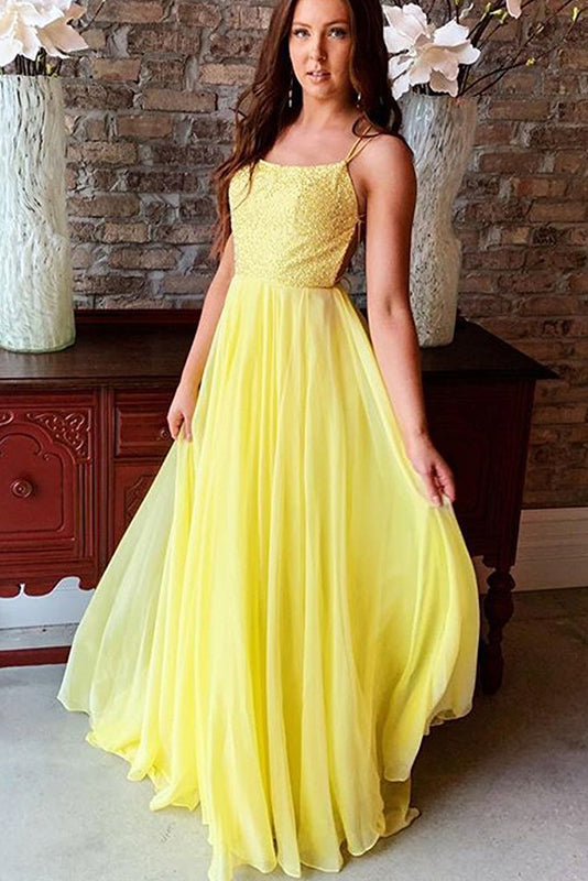 flowy yellow chiffon long prom dress backless formal evening dress
