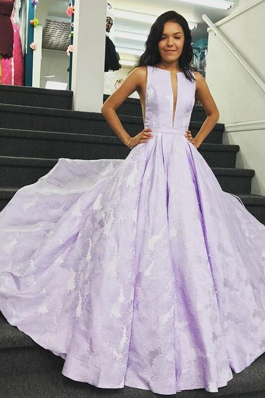 a line bateau sleeveless lilac floral satin prom graduation dress