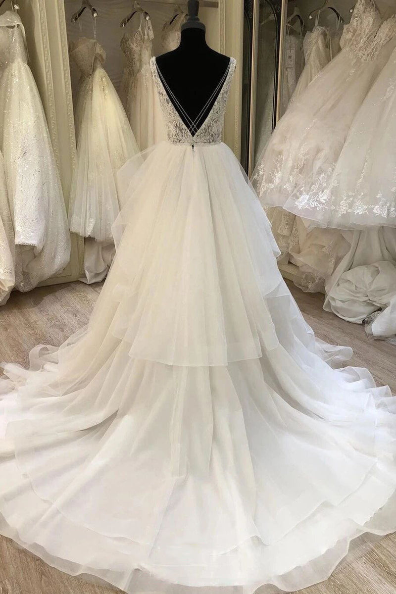 a line v neck layered bridal gown lace appliques wedding dress