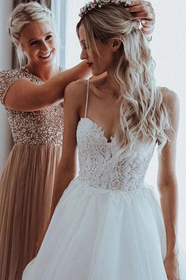 tulle a line beach bridal gown spaghetti straps backless wedding dress