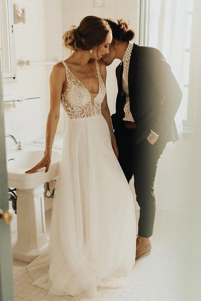 flowy a line v neck tulle backless rustic wedding dress with pearls beading