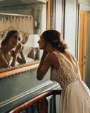flowy a line v neck tulle backless rustic wedding dress with pearls beading