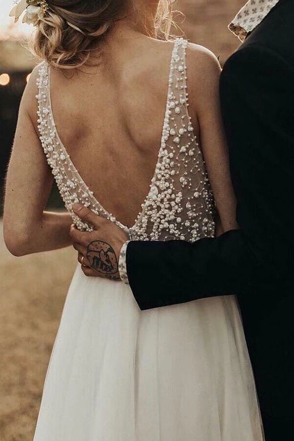 flowy a line v neck tulle backless rustic wedding dress with pearls beading
