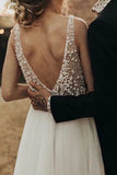 flowy a line v neck tulle backless rustic wedding dress with pearls beading