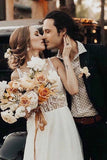 flowy a line v neck tulle backless rustic wedding dress with pearls beading
