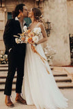 flowy a line v neck tulle backless rustic wedding dress with pearls beading