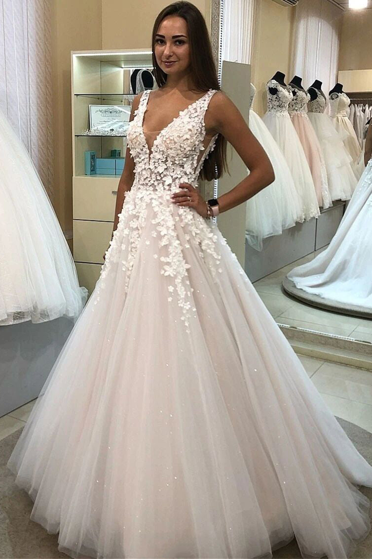 charming a line v neck appliqued ball gown tulle wedding dress