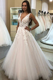 charming a line v neck appliqued ball gown tulle wedding dress