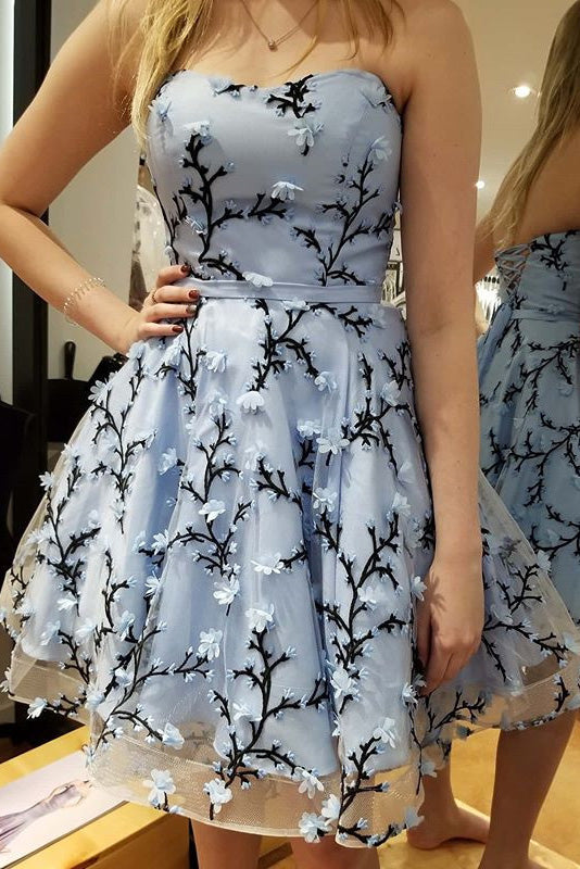 light blue strapless homecoming dress hi low short prom dress with applique