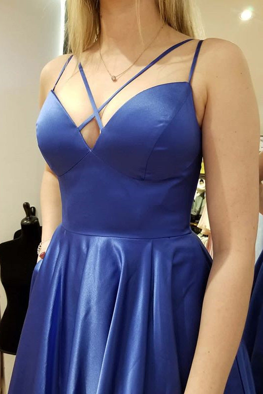 simple blue long prom dress a line satin pockets evening gown