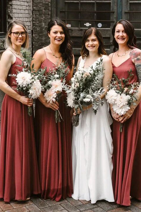 Simple Spaghetti Straps V-neck Chiffon Long Bridesmaid Dresses PB43