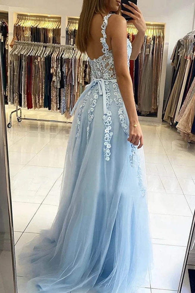 a line sweetheart long prom dress with appliques light blue graduation gown