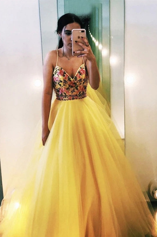 yellow v neck beading appliques tulle long prom dress evening dress