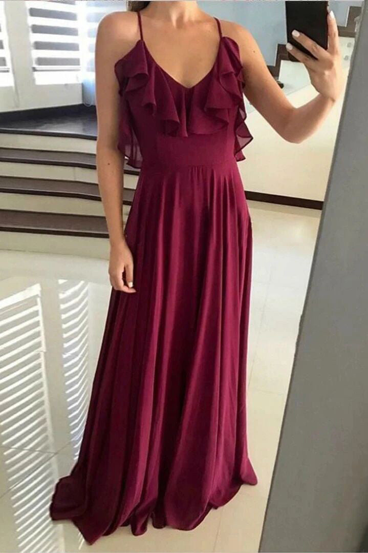 Flowy flounced neckline chiffon long backless prom dresses mg290