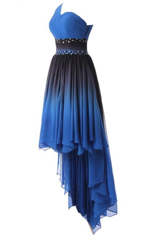 one shoulder high low blue ombre prom dresses with beading