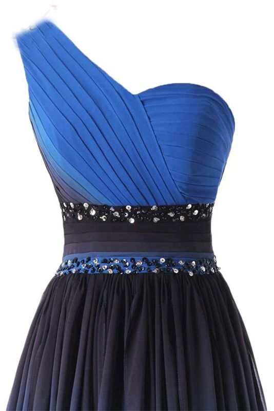 one shoulder high low blue ombre prom dresses with beading