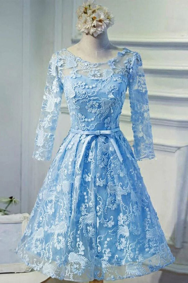 bateau 3 4 sleeves keyhole back blue lace homecoming dress