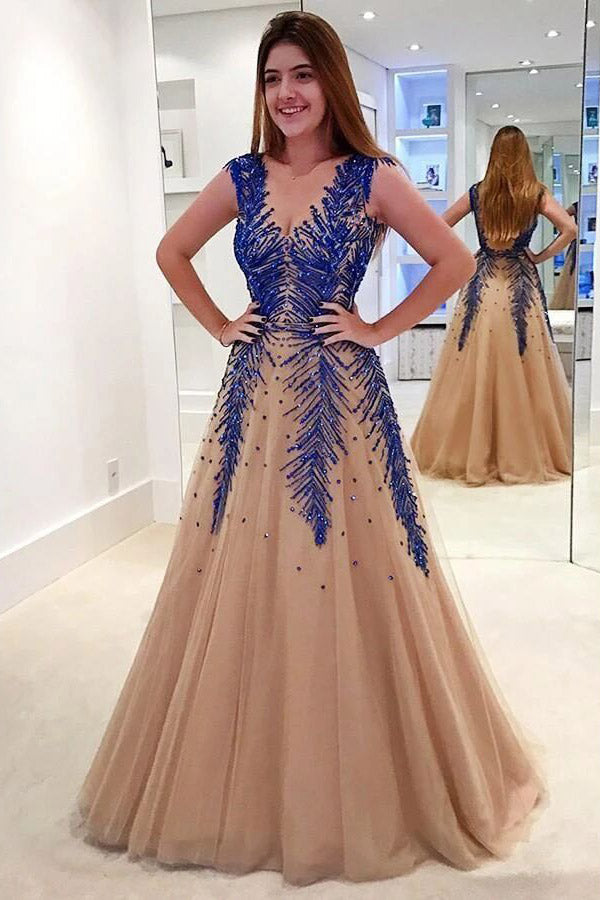 stunning a line v neck backless tulle long prom dress