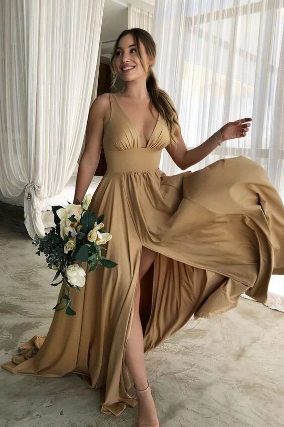 plunging neck satin chiffon long evening bridesmaid dress with split