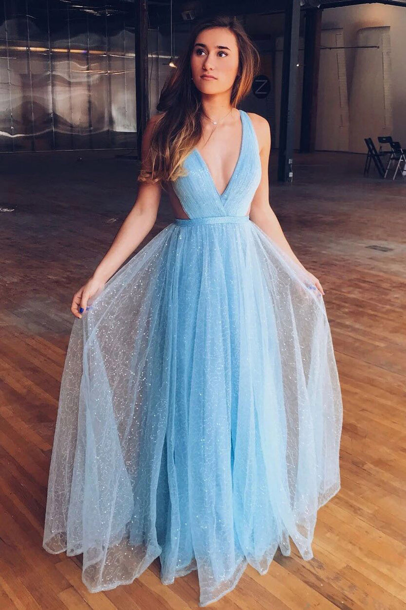 sparkly light blue a line tulle prom dress deep v neck long formal dress
