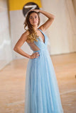 sparkly light blue a line tulle prom dress deep v neck long formal dress