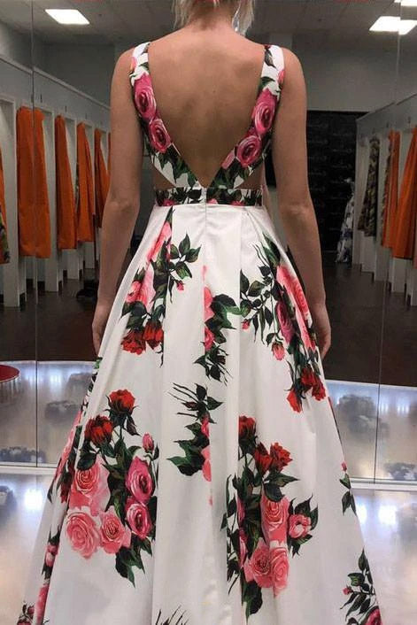 a line v neck spring floral printed long prom dress with pockets