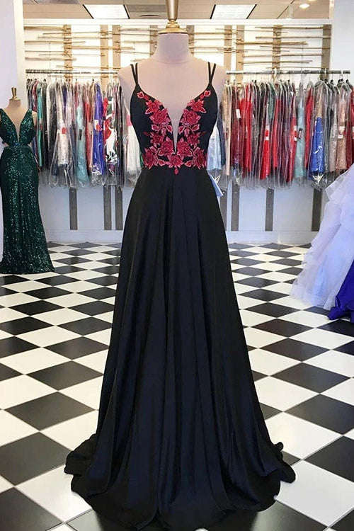 backless long prom dress with red appliques black long evening gown