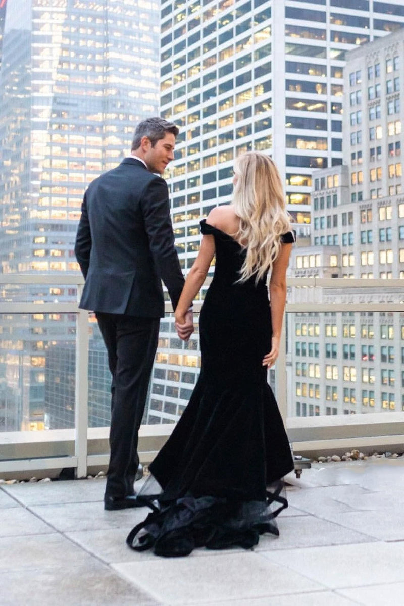 black off the shoulder mermaid long prom party dress with split