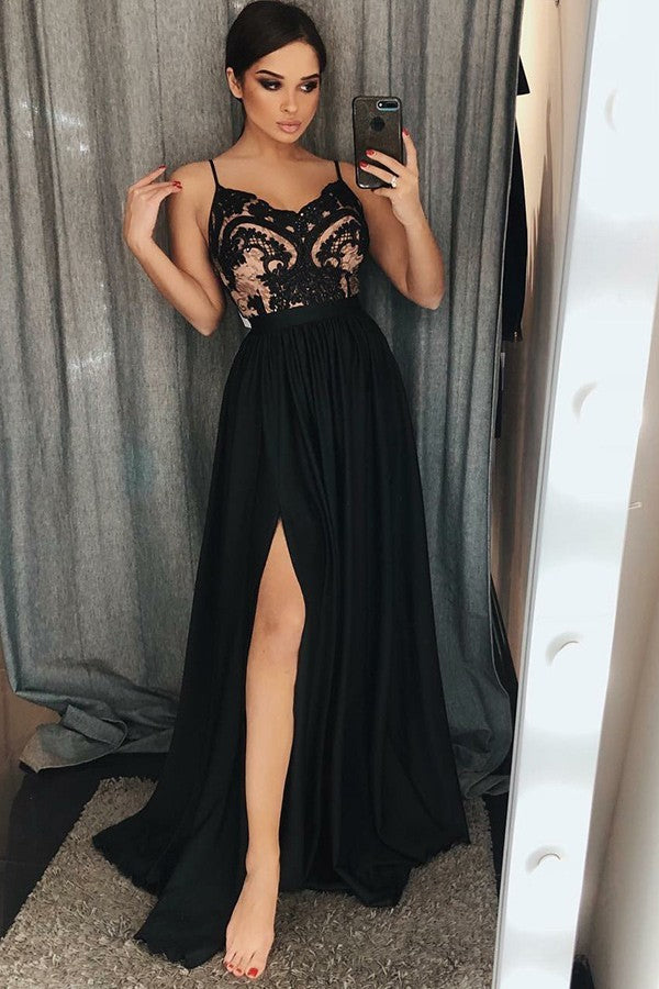 spaghetti straps black prom dress with lace a line long slit evening dress