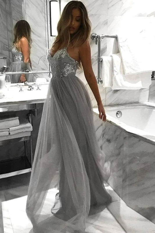 sequin appliques backless prom dress spaghetti straps tulle long evening dress