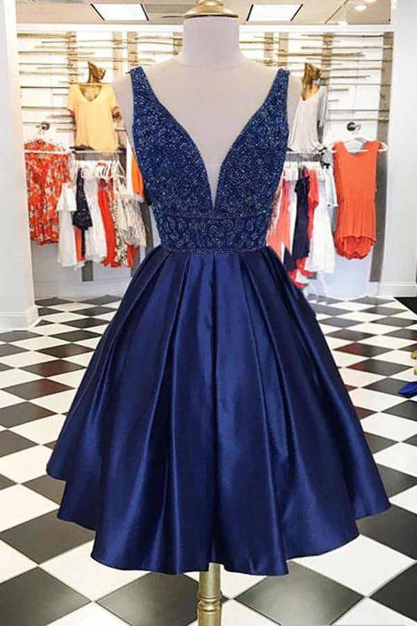 a line dark blue beaded homecoming dress short prom dress