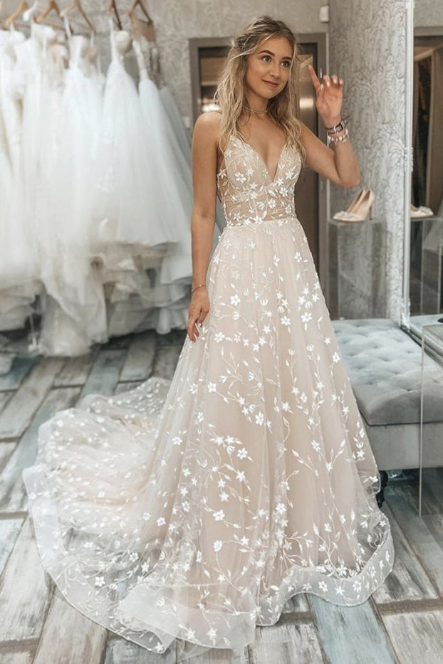 a line v neck sleeveless tulle appliques lace wedding dress with train