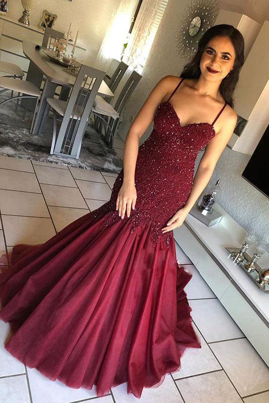 spaghetti straps beads lace burgundy mermaid prom dress