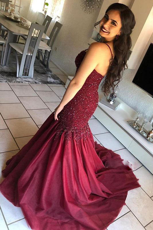 spaghetti straps beads lace burgundy mermaid prom dress
