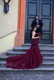 spaghetti straps beads lace burgundy mermaid prom dress